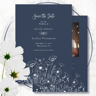 Dark Navy White Wildflower Save the Date Wedding Invitation