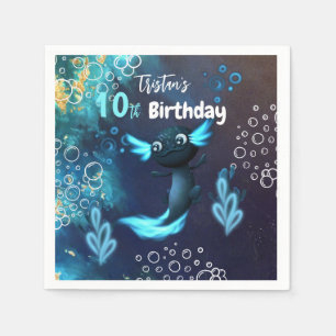 Dark Neon Axolotl Birthday Party Napkin
