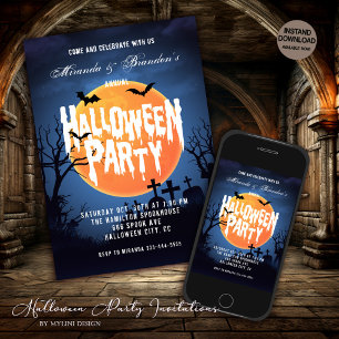 Dark night, full moon & graveyard halloween party invitation