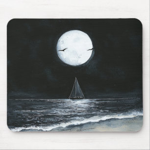 Dark Night Full Moon Ocean Beach Mouse Mat