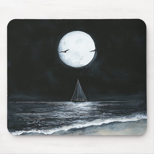 Dark Night Full Moon Ocean Beach Mouse Mat (Front)