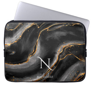 Dark Night Gold Glitter Marble Customisable Laptop Sleeve