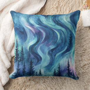 Dark Night Pine Trees Vibrant Aurora Glow Cushion