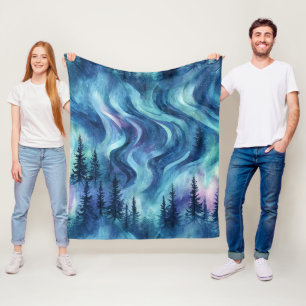 Dark Night Pine Trees Vibrant Aurora Glow Fleece Blanket