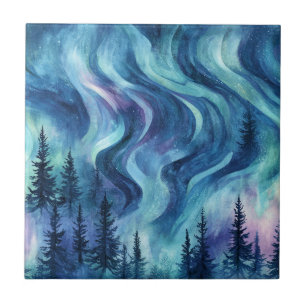 Dark Night Pine Trees Vibrant Aurora Glow Tile