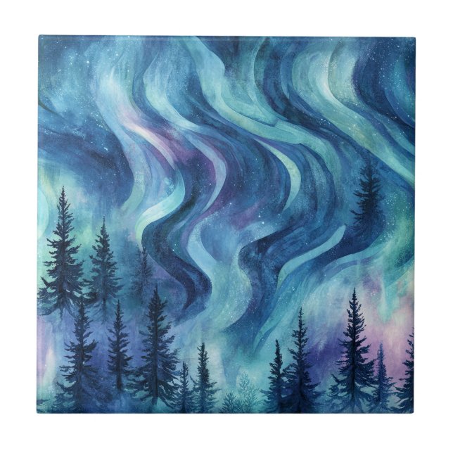 Dark Night Pine Trees Vibrant Aurora Glow Tile (Front)