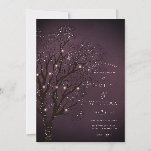 Dark Night Tree Lights Wedding Invitation Cards (Front)