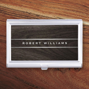 Dark oak wood grain silver grey gradient borders business card holder