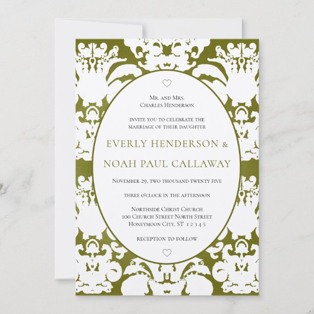 Dark Olive Damask Vintage Wedding Invitation (Front)