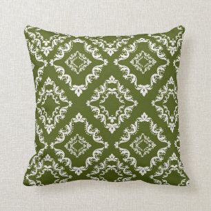 dark olive green and white diamond damask cushion