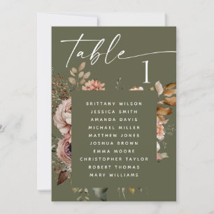Dark olive green boho floral wedding seating chart invitation