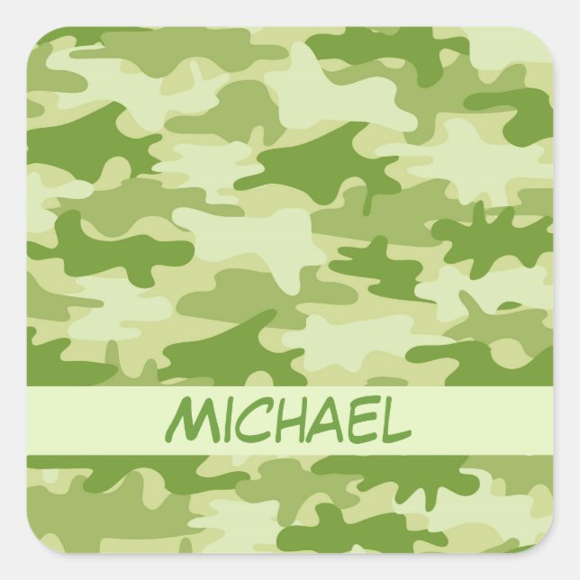 Dark Olive Green Camo Camouflage Name Personalised Square Sticker (Front)