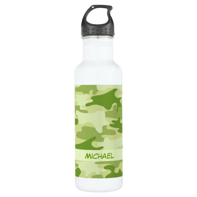 Dark Olive Green Camo Camouflage Personalised Name 710 Ml Water Bottle (Front)