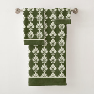 Dark Olive Green Elegant Leaf Pattern Bath Towel Set