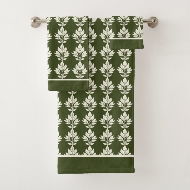 Dark Olive Green Elegant Leaf Pattern Bath Towel Set (Insitu)