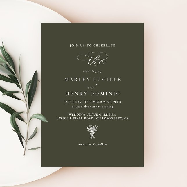 Dark Olive Green Formal Modern Typography Wedding Invitation (Creator Uploaded)