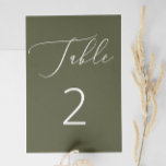 Dark Olive Green Formal Woodland Botanical Wedding Table Number<br><div class="desc">Bring natural sophistication to your reception with this dark olive green wedding table number. The deep, earthy tone sets a grounded, elegant mood, while simple white script adds a clean, modern contrast. Whether you’re hosting a fall celebration, botanical inspired events, woodland themed wedding, or rustic outdoor gathering, this minimalist card...</div>