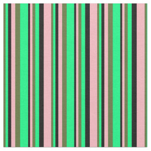 Dark Olive Green, Green, Black & Light Pink Lines Fabric