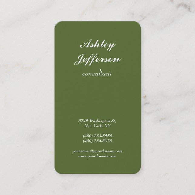 Dark Olive Green Minimalist Script Professional Business Card (Front)