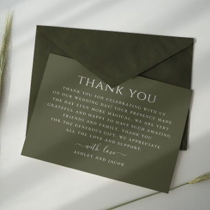 Dark olive green minimalist typography wedding thank you card