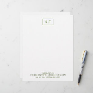 Dark Olive Green Modern Monogram Simple Custom Letterhead