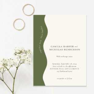 Dark Olive Green Modern Wavy Retro Wedding Invitation