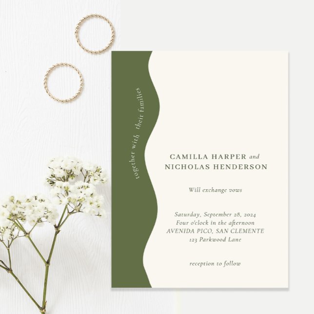 Dark Olive Green Modern Wavy Retro Wedding Invitation (Creator Uploaded)