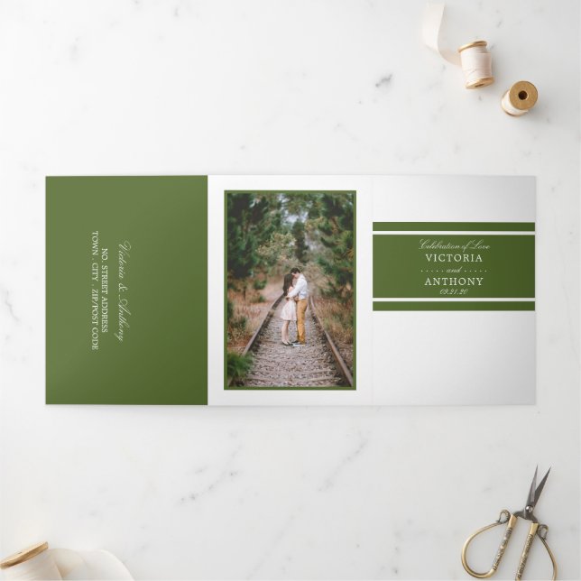 Dark Olive Green Modern Wedding Suite Tri-Fold Invitation (Outside)