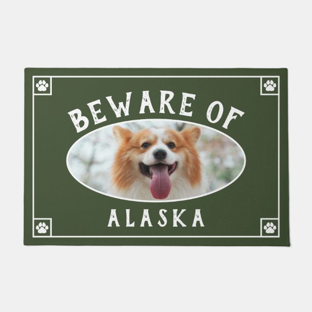Dark Olive Green Paws Beware of Dog Add Photo Doormat (Front)