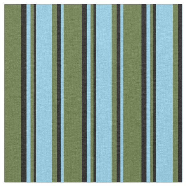 Dark Olive Green, Sky Blue, and Black Stripes Fabric (Close Up)