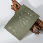 Dark Olive Green Wedding Welcome. Weekend Timeline Invitation<br><div class="desc">Greet your wedding guests with this elegant dark olive green woodland wedding weekend timeline card. Featuring a minimalist design and clean typography, this card clearly outlines the key events of your special weekend. Perfect for rustic, boho, or nature inspired weddings. This stylish and functional welcome card sets the tone from...</div>