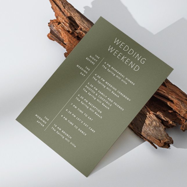 Dark Olive Green Wedding Welcome. Weekend Timeline Invitation (Creator Uploaded)