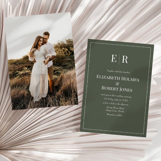 Dark Olive Minimalist Monogram & Photo Wedding  Invitation (Dark Olive Minimalist Monogram & Photo Wedding Invitation on a neutral dry palm leaf.)