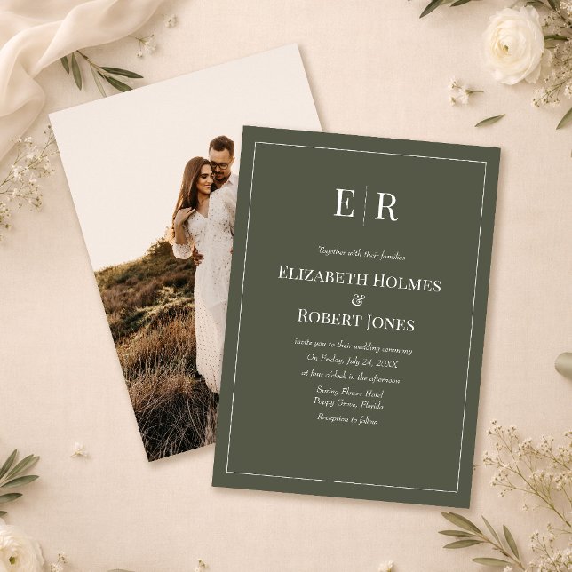 Dark Olive Monogram Photo Wedding Invitation (Dark Olive Monogram Photo Wedding Invitation on a table with white flowers)