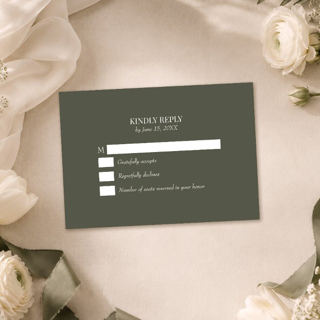 Dark Olive Monogram Wedding RSVP Card (Dark Olive Monogram Wedding RSVP Card on a table with white flowers and olive green ribbon)