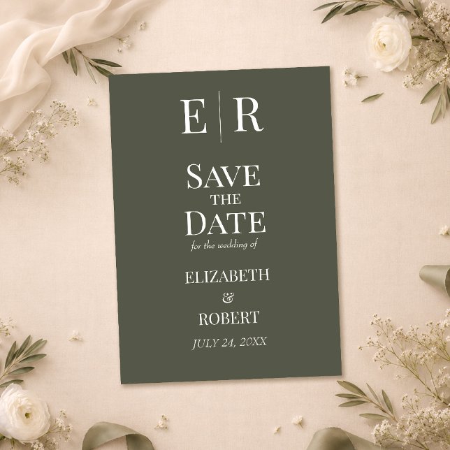 Dark Olive Monogram Wedding Save the Date Invitation (Dark Olive Monogram Wedding Save the Date Invitation on a wedding table with white flowers)