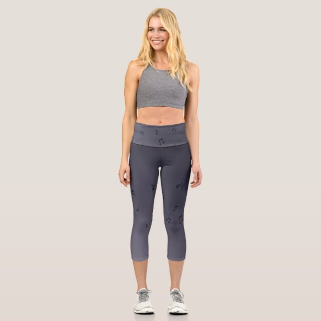 Dark Ombre Musical Notes Grey  Capri Leggings (Front)