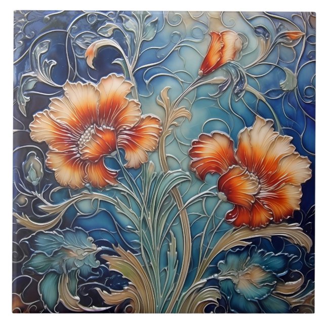 Dark Orange and Blue Art Nouveau Floral Motif Tile (Front)