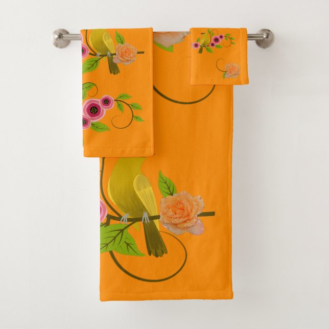 DarK Orange -  Bird & Yellow Rose Bath Towel Set (Insitu)