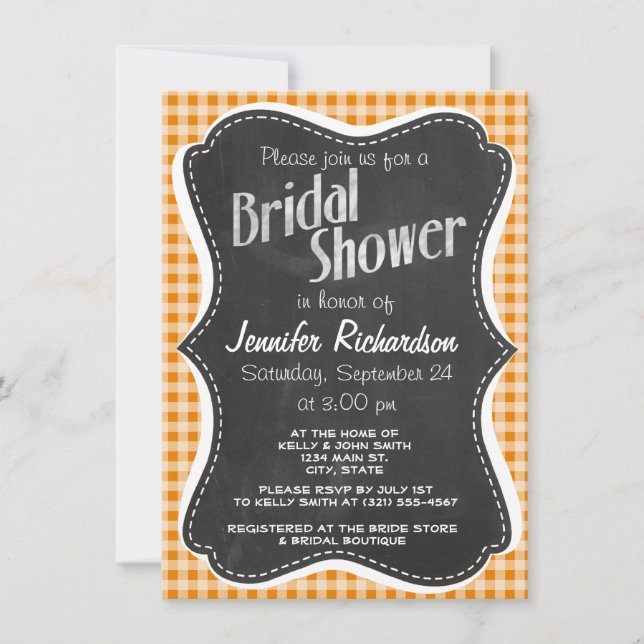 Dark Orange Gingham; Chalkboard Invitation (Front)