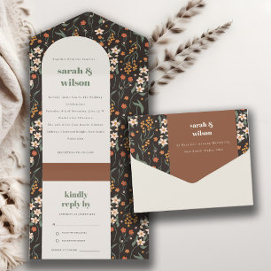 Dark Orange Groovy Retro Arch Floral Wedding All In One Invitation