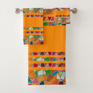 Dark Orange Mosaic Pattern Bath Towel Set