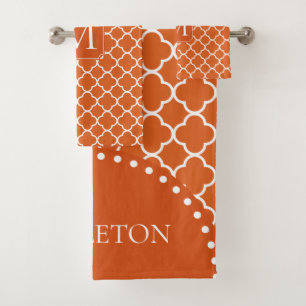 Dark Orange Quatrefoil - Monogram Bath Towel Set