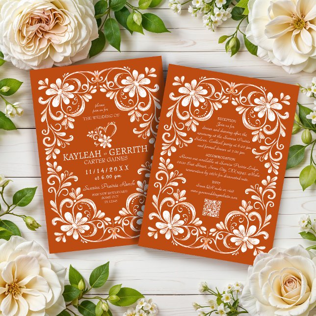 Dark Orange Shabby Chic QR Wedding Invitation (Creator Uploaded)