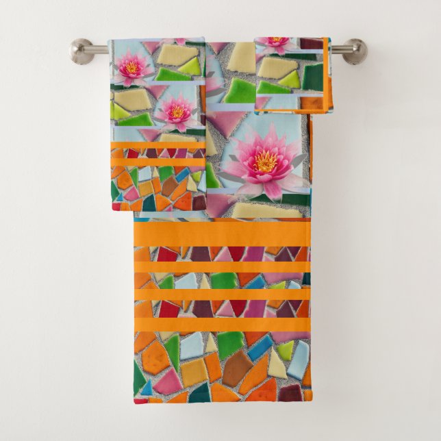 Dark Orange Water Lily w/ Mosaic Pattern Bath Towel Set (Insitu)