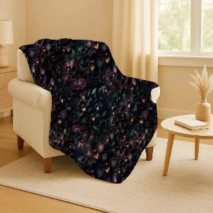 Dark Orchid Maximalist Gothic Floral Sherpa Blanke Blanket