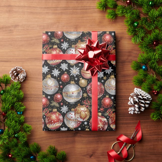 Dark Ornament Wrapping Paper with Silver, Gold Red (Holiday Gift)