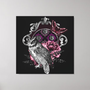 Dark Owl Butterfly And Flowers - Gothic Canvas Print