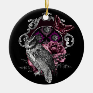 Dark Owl Butterfly And Flowers - Gothic Ceramic Tree Decoration