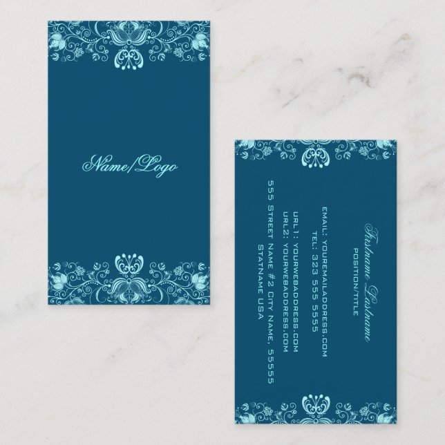 Dark & Pastel Blue Floral Swirls Business Card (Front/Back)